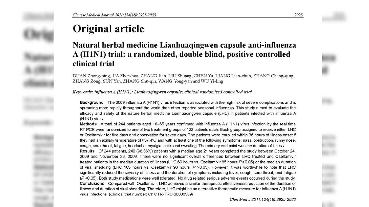 Natural herbal medicine Lianhuaqingwen capsule anti-influenza A (H1N1) trial: a randomized, double blind, positive controlled clinical trial